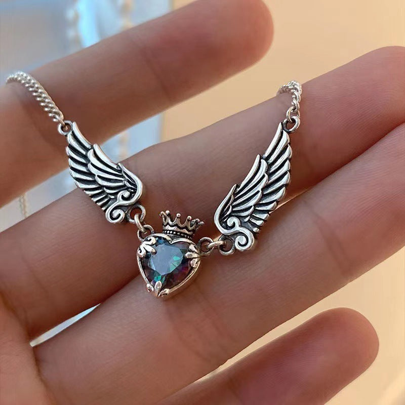 Vintage Gothic Heart Crown Angel Wings Pendant Necklaces