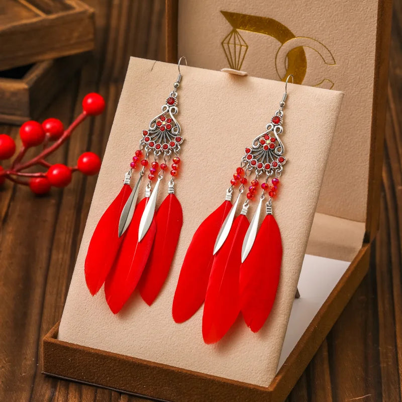 Vintage Bohemian Crystal Beads Handmade Feather Tassel Women Earrings