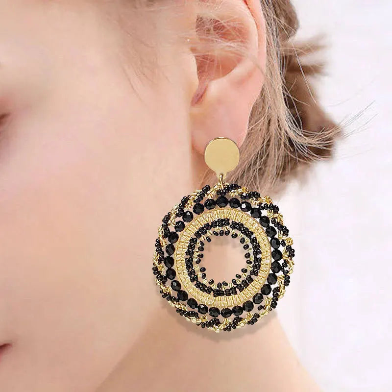 Rice bead earrings Circle Black