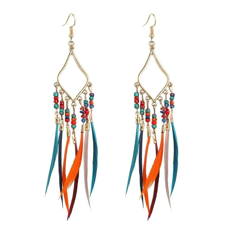 Summer Hot Colorful Beads Feather Long Pendant Earrings