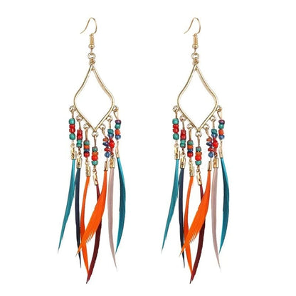 Summer Hot Colorful Beads Feather Long Pendant Earrings