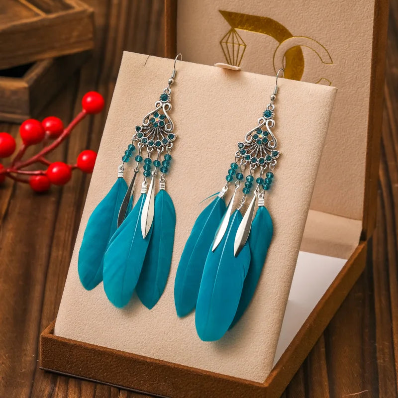 Vintage Bohemian Crystal Beads Handmade Feather Tassel Women Earrings