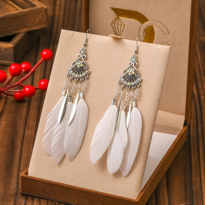 Vintage Bohemian Crystal Beads Handmade Feather Tassel Women Earrings