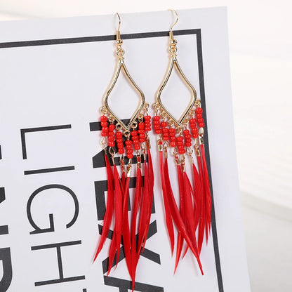 Summer Hot Colorful Beads Feather Long Pendant Earrings