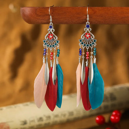 Vintage Bohemian Crystal Beads Handmade Feather Tassel Women Earrings