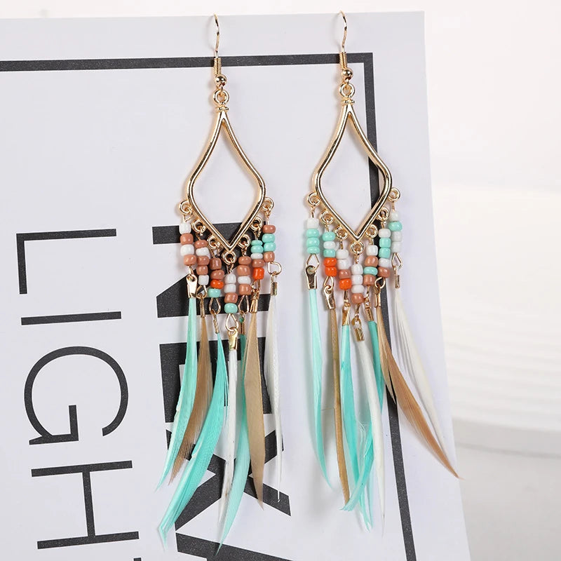 Summer Hot Colorful Beads Feather Long Pendant Earrings