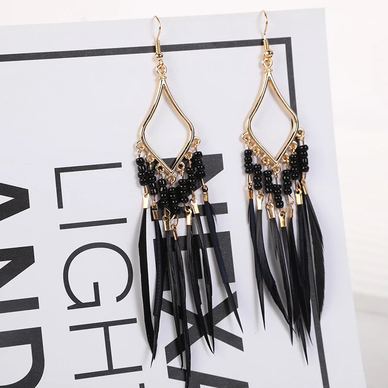 Summer Hot Colorful Beads Feather Long Pendant Earrings