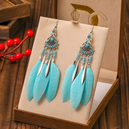 Vintage Bohemian Crystal Beads Handmade Feather Tassel Women Earrings