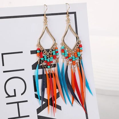 Summer Hot Colorful Beads Feather Long Pendant Earrings