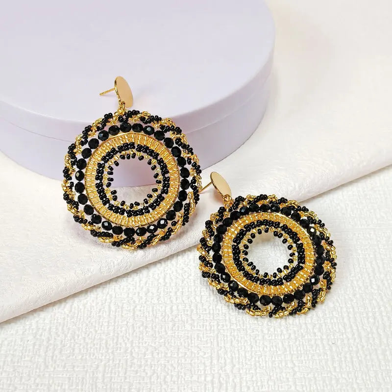 Rice bead earrings Circle Black