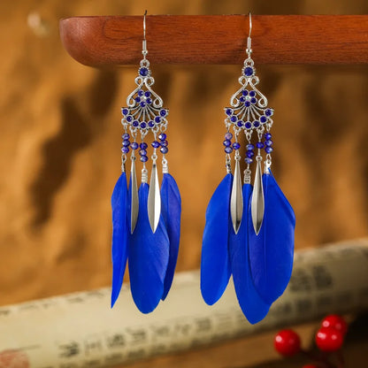 Vintage Bohemian Crystal Beads Handmade Feather Tassel Women Earrings