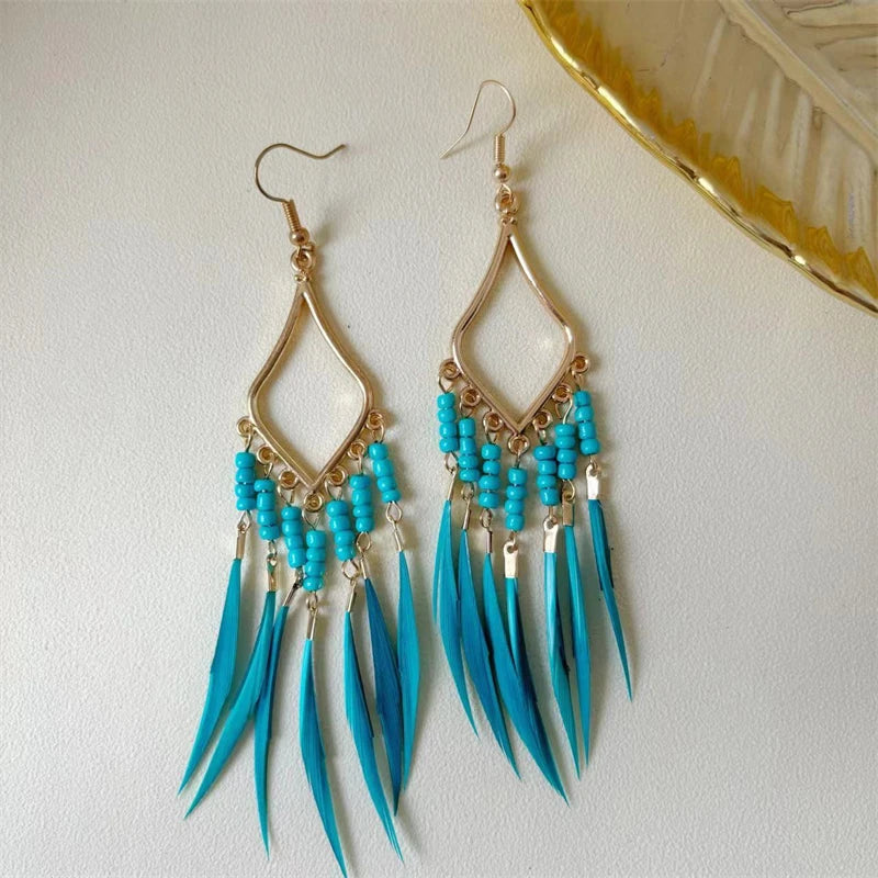 Summer Hot Colorful Beads Feather Long Pendant Earrings