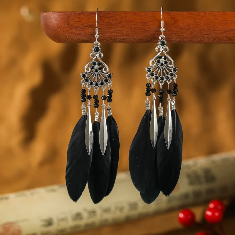 Vintage Bohemian Crystal Beads Handmade Feather Tassel Women Earrings