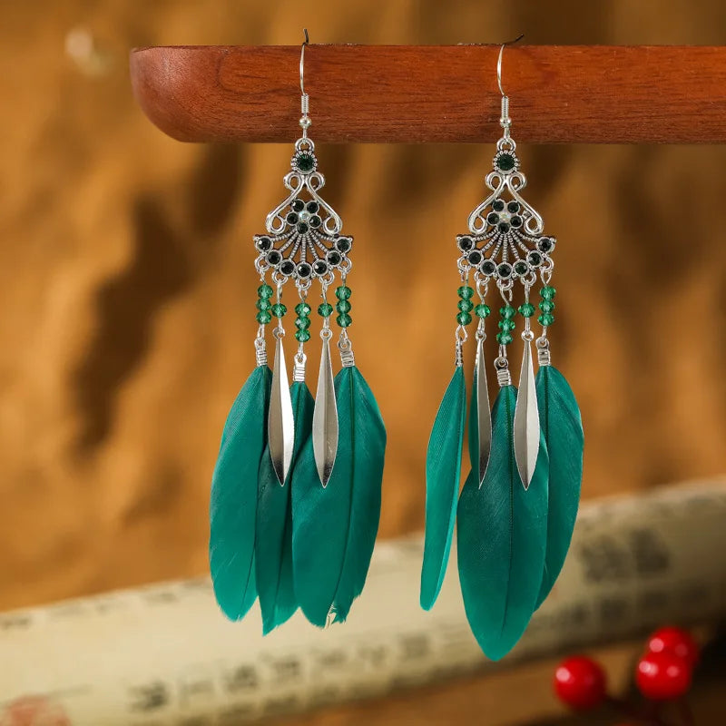 Vintage Bohemian Crystal Beads Handmade Feather Tassel Women Earrings