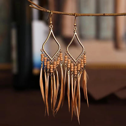 Summer Hot Colorful Beads Feather Long Pendant Earrings