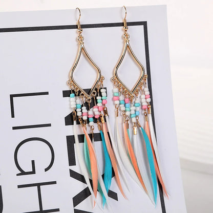 Summer Hot Colorful Beads Feather Long Pendant Earrings