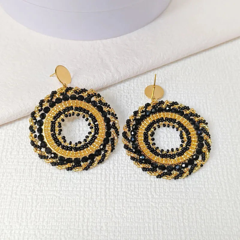 Rice bead earrings Circle Black