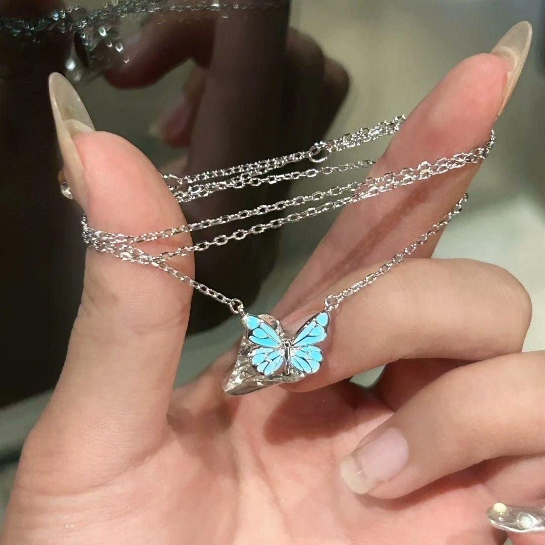 Fashion Blue Luminous Butterfly Necklace Bracelet Set