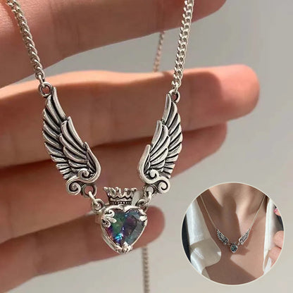 Vintage Gothic Heart Crown Angel Wings Pendant Necklaces