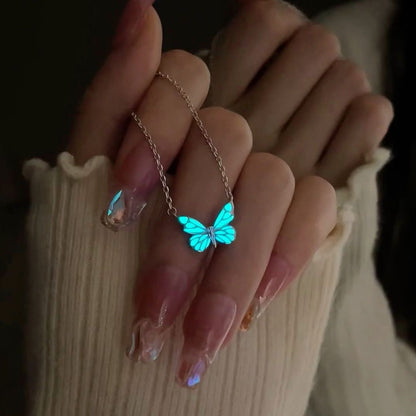 Fashion Blue Luminous Butterfly Necklace Bracelet Set